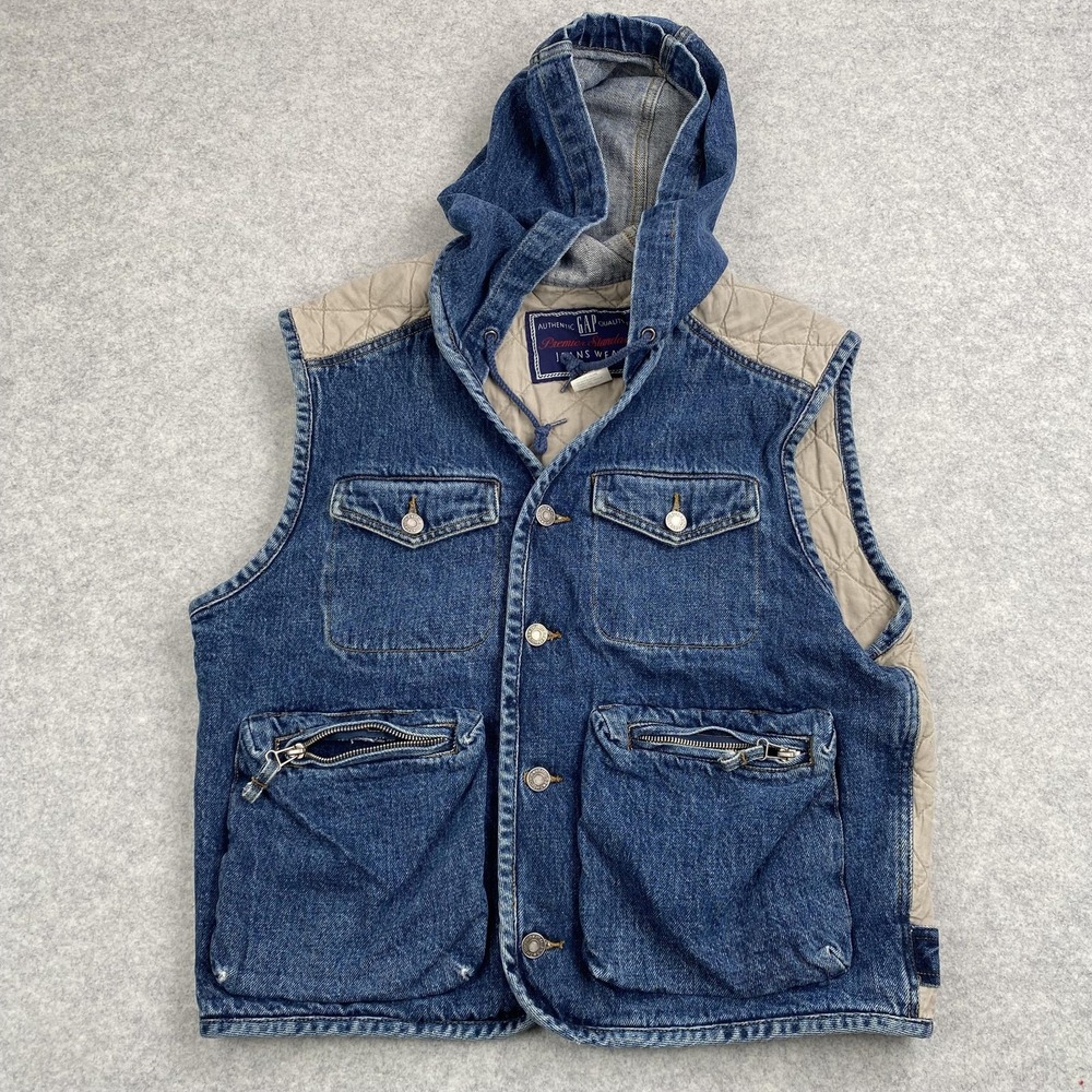 Gap Vest Mens Small Denim Quilted Hooded Workwear Pockets Insulated Utility Blue